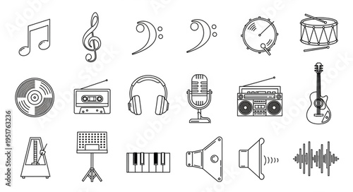Collection of musical instruments and audio equipment in a line art style.
