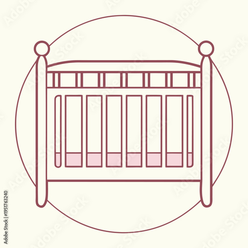 Pink baby crib within a circle on a beige background