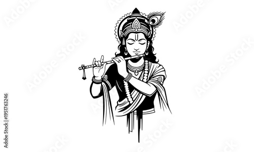 Lord Krishna playing flute black and white detailed illustration in engraving sketch style with traditional crown, perfect for Hindu festival posters, devotional prints, tattoo designs, and religious 