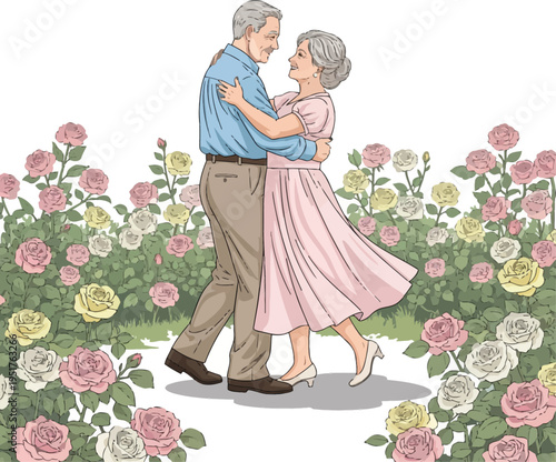 Elderly Couple Dancing Joyfully Amidst Blooming Roses.