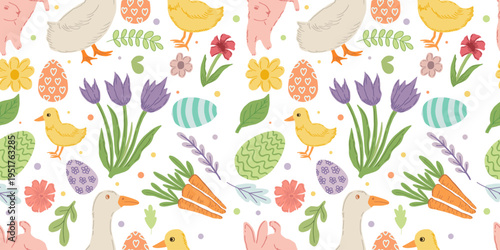 Easter holiday seamless pattern with cute ducks, bunnies, and decorated eggs for greeting card, textile, and wrapping paper