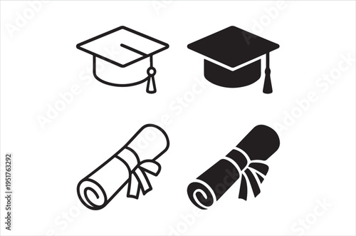 Black and white icons depicting graduation caps and rolled diplomas symbolizing academic achievement