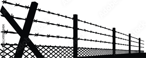 Barbed wire security fence with barrier post silhouette, military boundary protection concept, black vector illustration isolated on white background