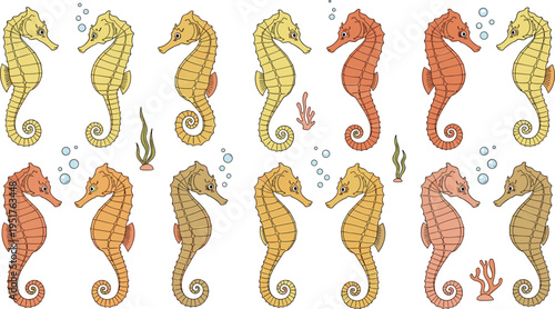 Large collection of hand drawn vector seahorses in warm colors featuring bubbles coral and seaweed elements for marine life underwater nature designs.
