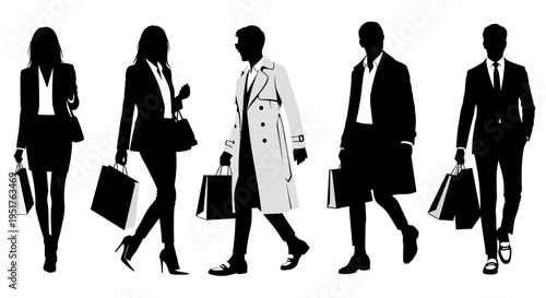 Silhouettes of business people walking with shopping bags.