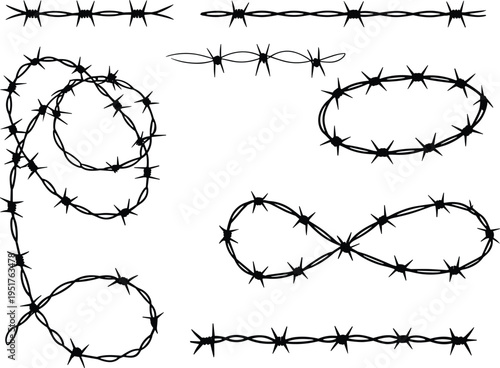 Barbed wire shapes and borders collection isolated on white background including circle, oval, spiral and line security barrier design elements illustration