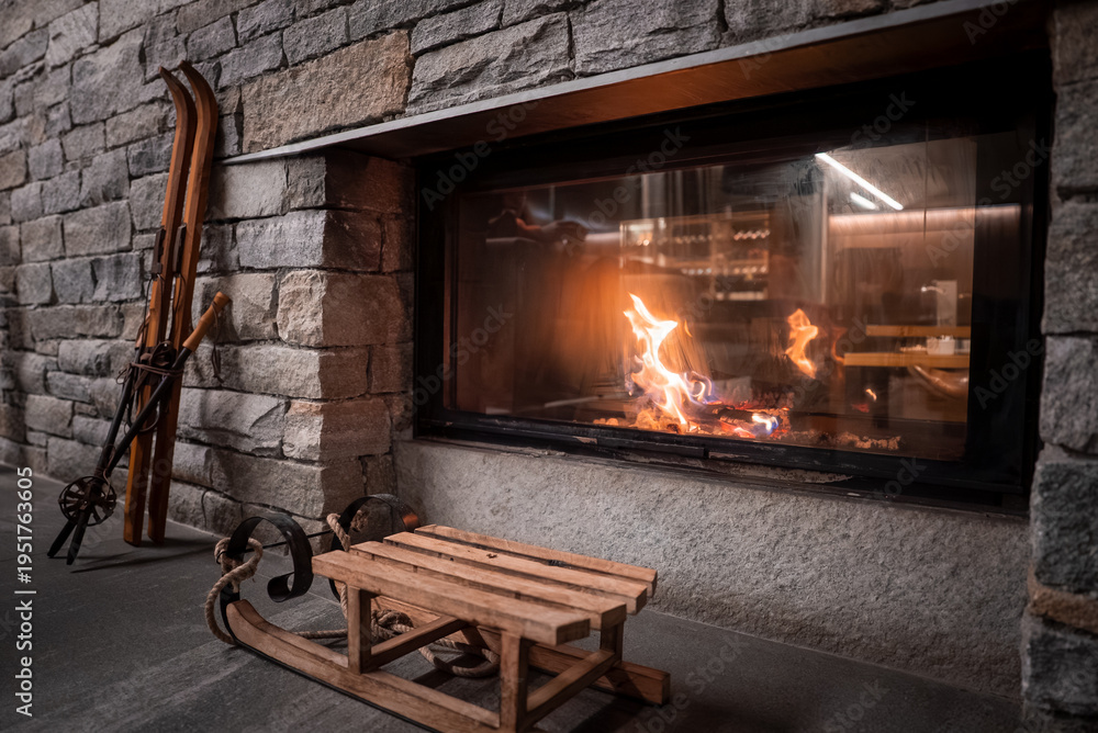 Fototapeta premium A modern glass front fireplace set in rough stone casts warm light. A vintage sled and classic wooden skis lean nearby in a San Domenico Italian Alps lodge.