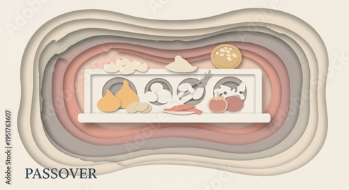 A visually artistic representation of a Passover Seder plate with symbolic foods arranged on a shelf, set against a layered, abstract background.