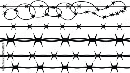 Black barbed wire borders and dividers set, sharp thorn fence silhouettes, seamless decorative elements for security, danger concept, vector style isolated on white background