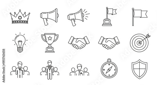 Collection of business and success icons representing goals and achievements.