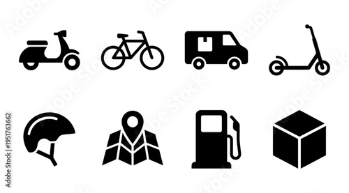 a set of black icons depicting various modes of transportation and delivery, including a scooter, bicycle, van, electric scooter, helmet, map, gas pump, and box, on a white background.