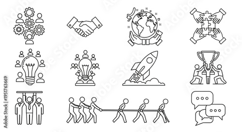 Teamwork and collaboration concept with business icons and symbols.