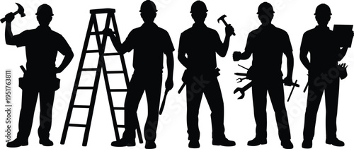 Construction worker silhouettes with tools and ladder set, handyman builders team concept, black vector illustration isolated on white background
