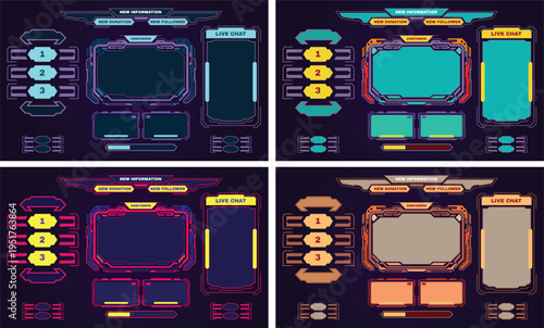 Futuristic gaming live stream overlay UI set neon twitch stream screen panels HUD interface design pack