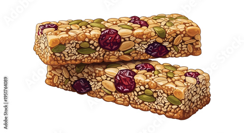 Stack of homemade granola bars with nuts and dried fruits on white background