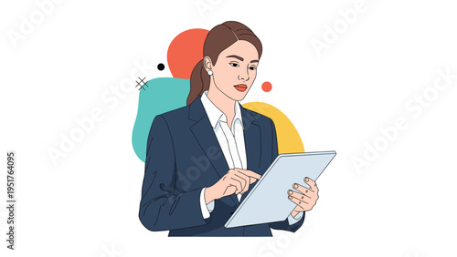 Professional businesswoman in dark suit analyzes data on her tablet computer representing modern management and technology use.