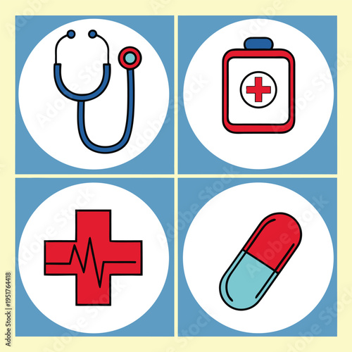 Medical including stethoscope first aid kit cross and pill