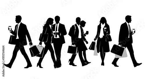Silhouettes of business people walking with briefcases.