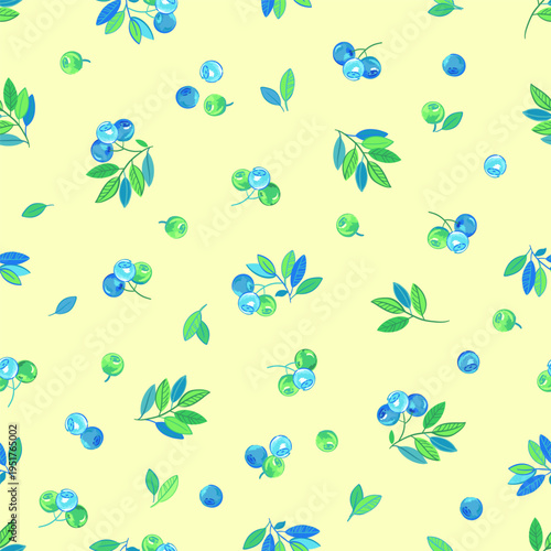 Seamless pattern with blue and green blueberries and delicate leaves scattered on a light yellow background. Fresh botanical illustration in soft watercolor style, perfect for textile, packaging