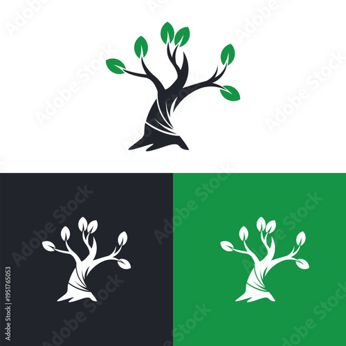 Artistic Twisted Trunk Tree Logo with Green Leaves
