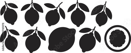 Lemon fruit silhouettes collection isolated on white background including whole lemons, leaves and slice representing citrus fruit icons set illustration