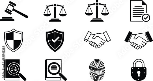 A set of vector line art silhouettes depicting law and security symbols in a bundle of illustrations