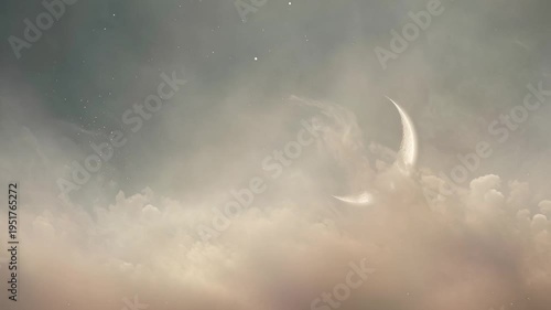 Crescent Moon in Cloudy Sky.