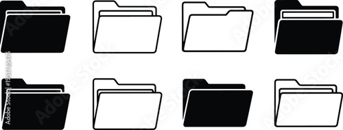 A set of vector line art silhouettes of file folders in black and white for business organization
