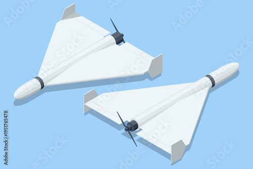 Isometric Delta wing attack aircraft pair, drone shahid. Concept of unmanned military technology, aerial mission, tactical flight, reconnaissance, air defense and modern combat equipment