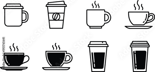 A set of vector line art coffee cups and mugs in silhouette style for design use