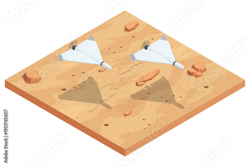 Isometric Delta wing attack aircraft pair, drone shahid. Concept of unmanned military technology, aerial mission, tactical flight, reconnaissance, air defense and modern combat equipment