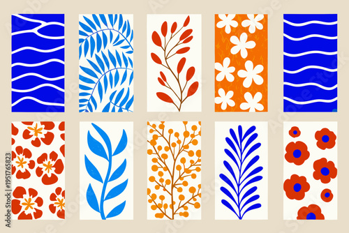 A collection of colorful abstract botanical patterned rectangular panels