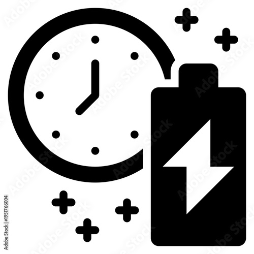 battery recharge charge energy clock time solid glyph icon