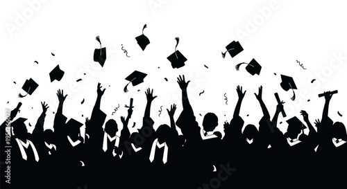 Graduates celebrating with tossed mortarboards.