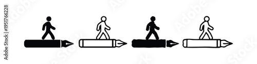 Walking on a Pen Icon Set. Representing the creative process, communication, and the impact of written words.
