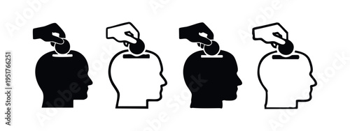 Investing in Mind Icon Set. Hand putting a coin into a head, symbolizing investment in knowledge, education, and personal growth.