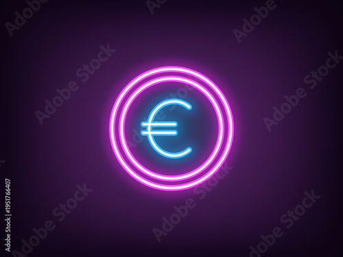 Outline neon euro coin, magenta blue. Neon coin with euro sign, outline token. EUR currency, digital money token, financial market and trade, money earn, finance budget, bank cash. Vector