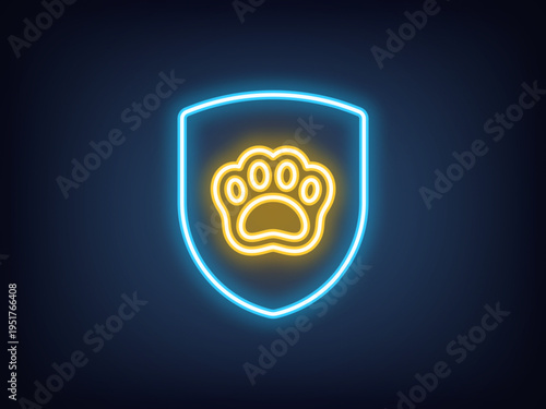 Outline neon animal protection, blue yellow. Neon security shield with animal paw sign. Pet life insurance, cats and dogs shelter, medical aid, animal protection community, pet care. Vector