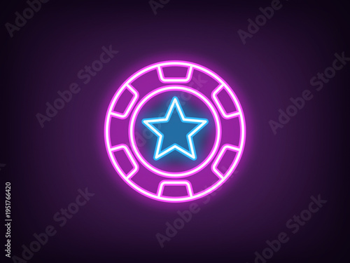 Outline neon star chip, magenta blue. Neon poker chip with star icon, casino club. Poker game, gamble sport, casino token win, gaming chip, gambling roulette game, money reward. Vector