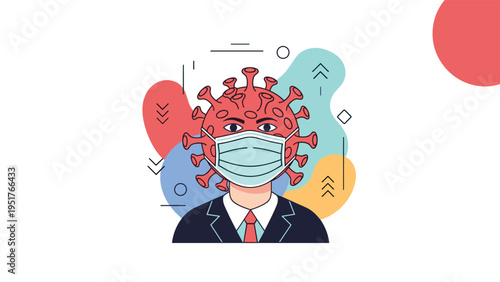 Creative illustration of businessman with virus shaped head wearing face mask symbolizes global pandemic health challenges.