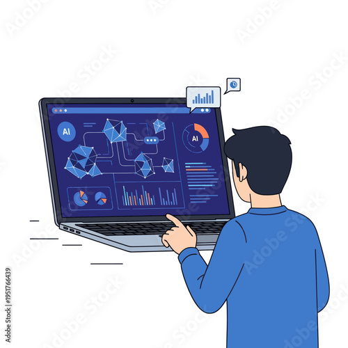 Man Interacting With Futuristic Digital Data Interface On Laptop.