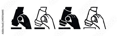 Microscope focus adjustment icon set. Hand turning scientific instrument knob for research.