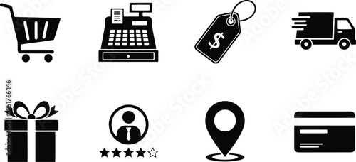 A set of vector line art silhouettes depicting e-commerce and shopping icons on a white background