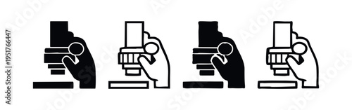 Microscope stage adjustment icon set. Hand operating scientific instrument for observation.