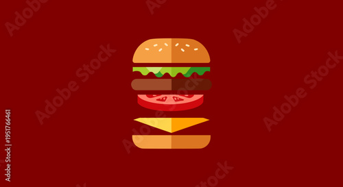 Delicious Stacked Burger Illustration with Fresh Ingredients on a Dark Red Background