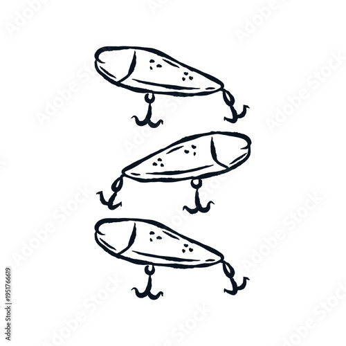Three Fishing Lures Logo, hand drawn outline vector sketch illustration
