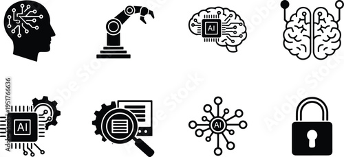 A set of vector line art silhouettes depicting artificial intelligence and machine learning concepts in a bundle