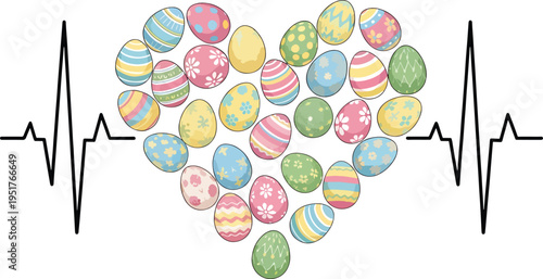 Creative Easter Illustration Heart Shape of Decorated Eggs with Stylized Heartbeat Line in Festive Spring Theme