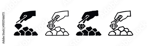 Hand extracting or selecting a valuable gem from a pile icon set, symbolizing discovery and worth.