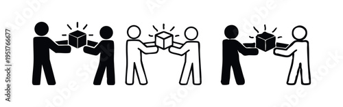 People exchanging glowing boxes or gifts icon set, representing sharing and collaboration.